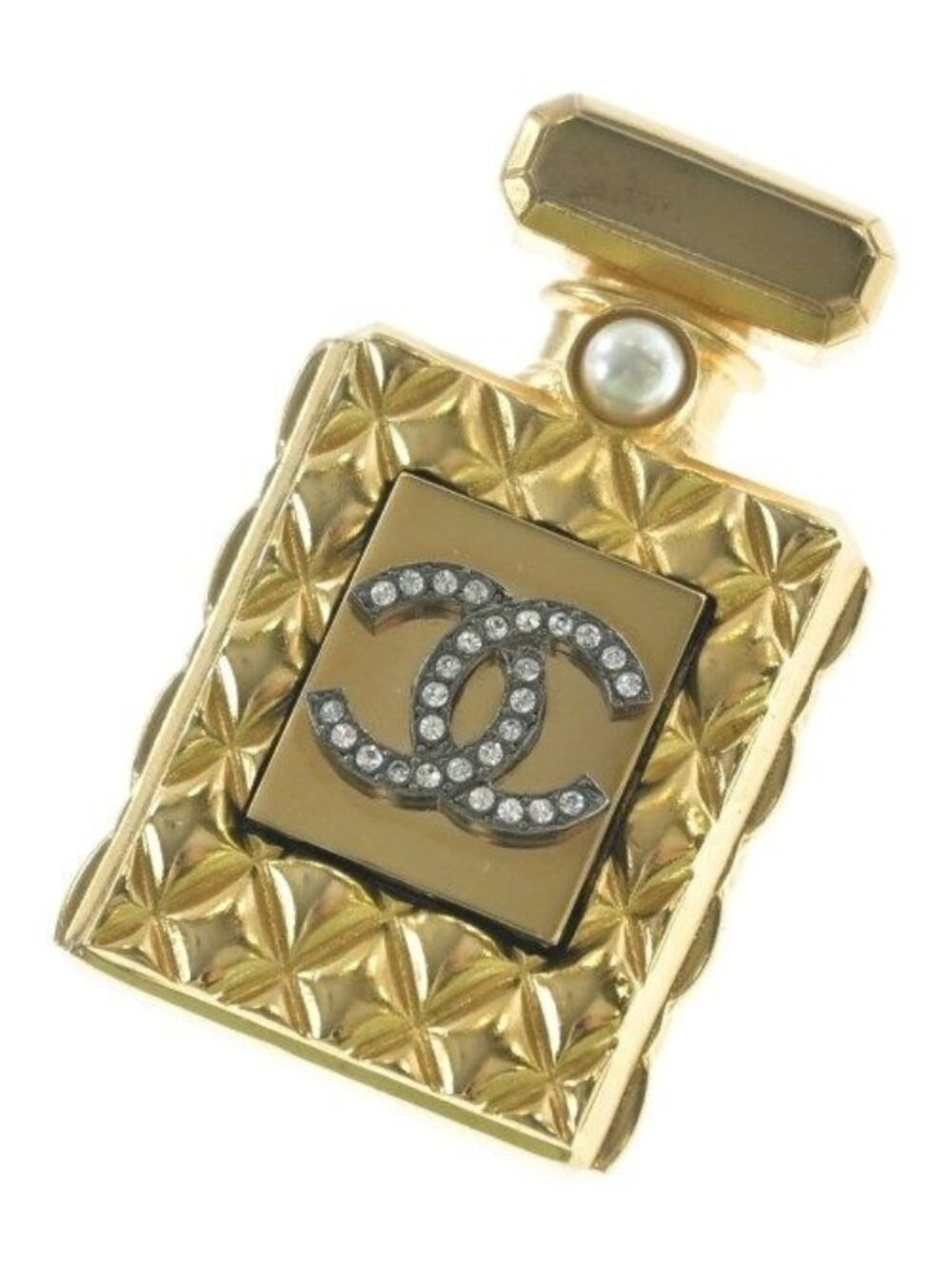 Chanel Bottle Motif CC Logo Pearl Rhinestone Brooch Gold